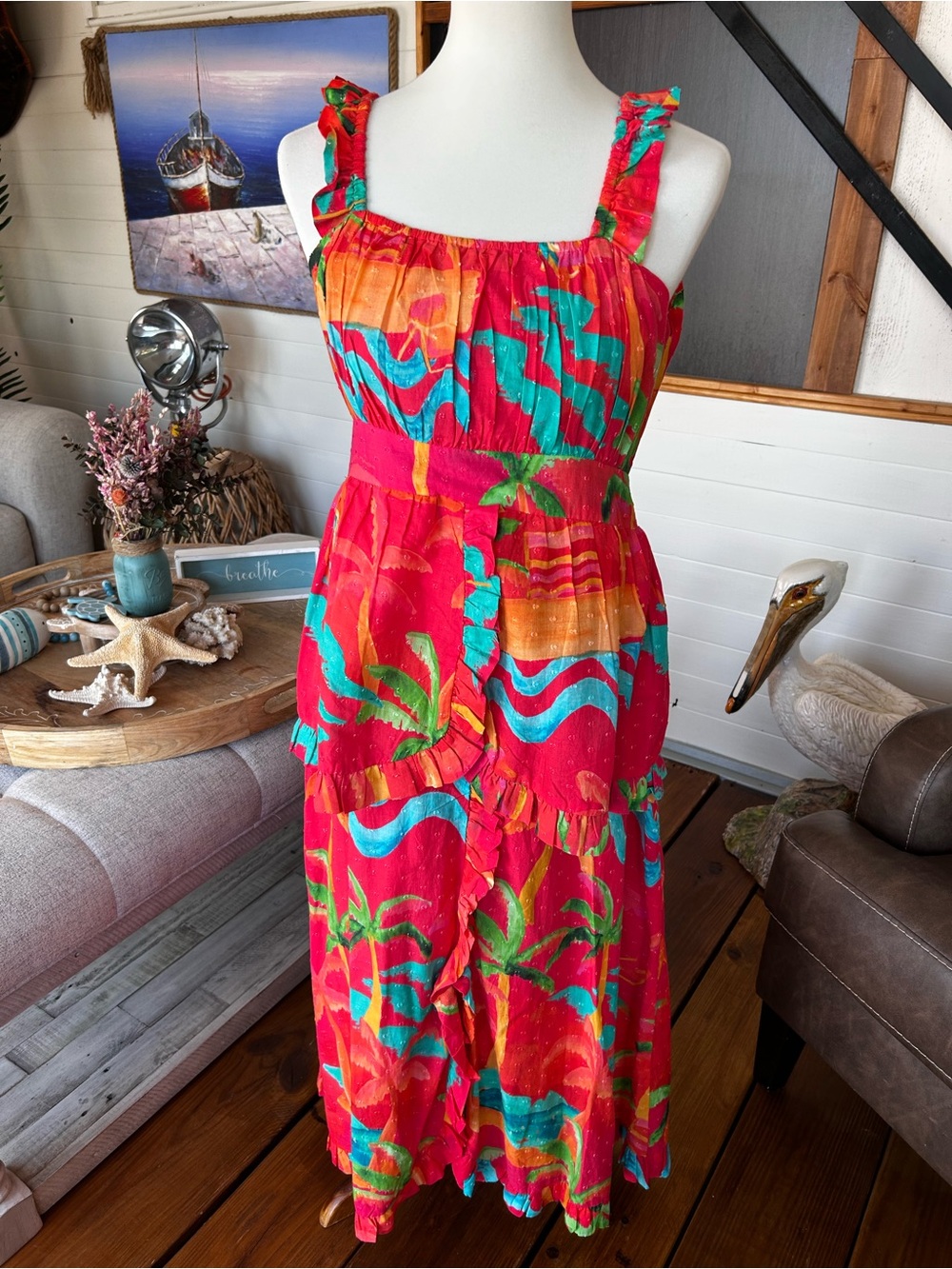 Farm Rio Tropical Ruffle Midi Dress Size Medium Colorful Vacation Dress